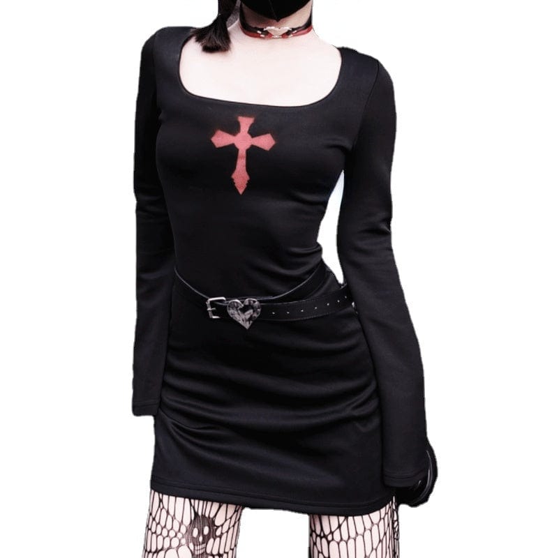 Kobine Women's Grunge Slim Fitted Cross Printed Dress