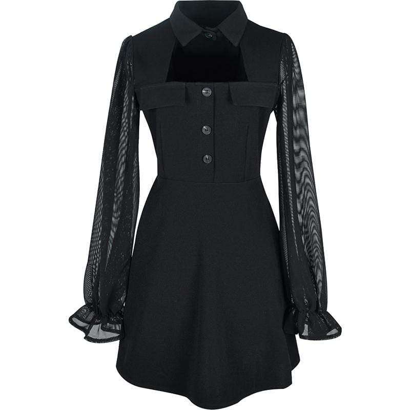 Women's Grunge Stand Collar Chiffon Sleeved Black Little Dresses