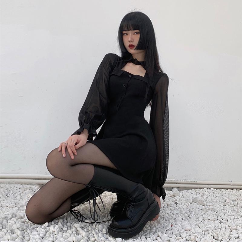 Women's Grunge Stand Collar Chiffon Sleeved Black Little Dresses