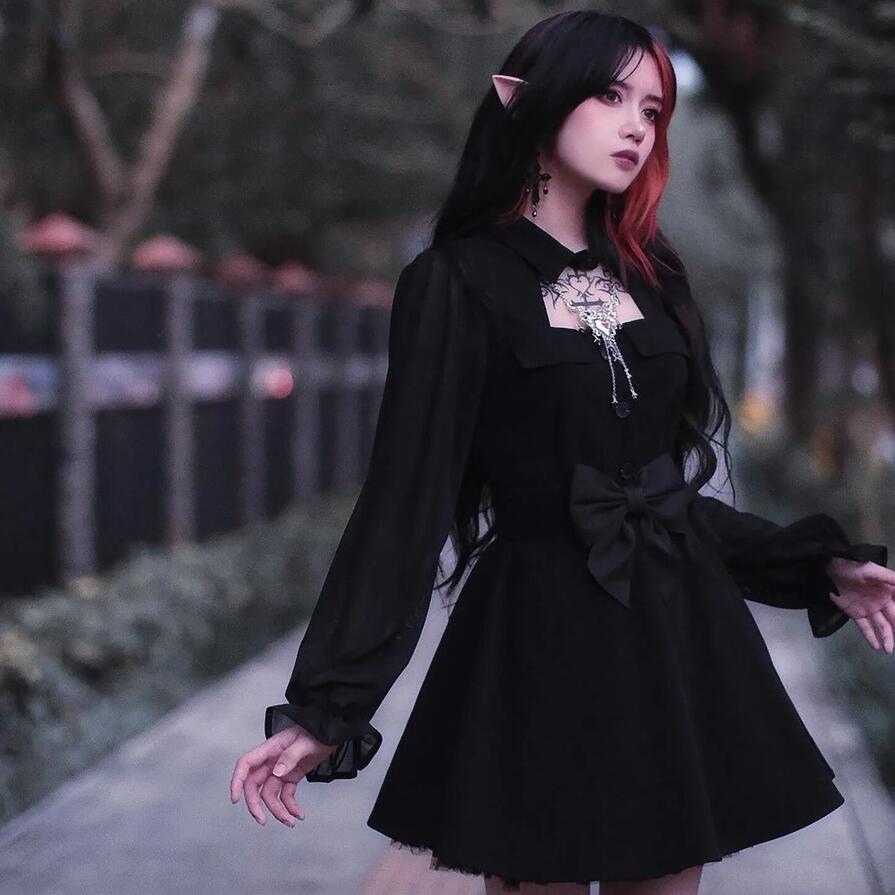 Kobine Women's Grunge Stand Collar Chiffon Sleeved Black Little Dresses