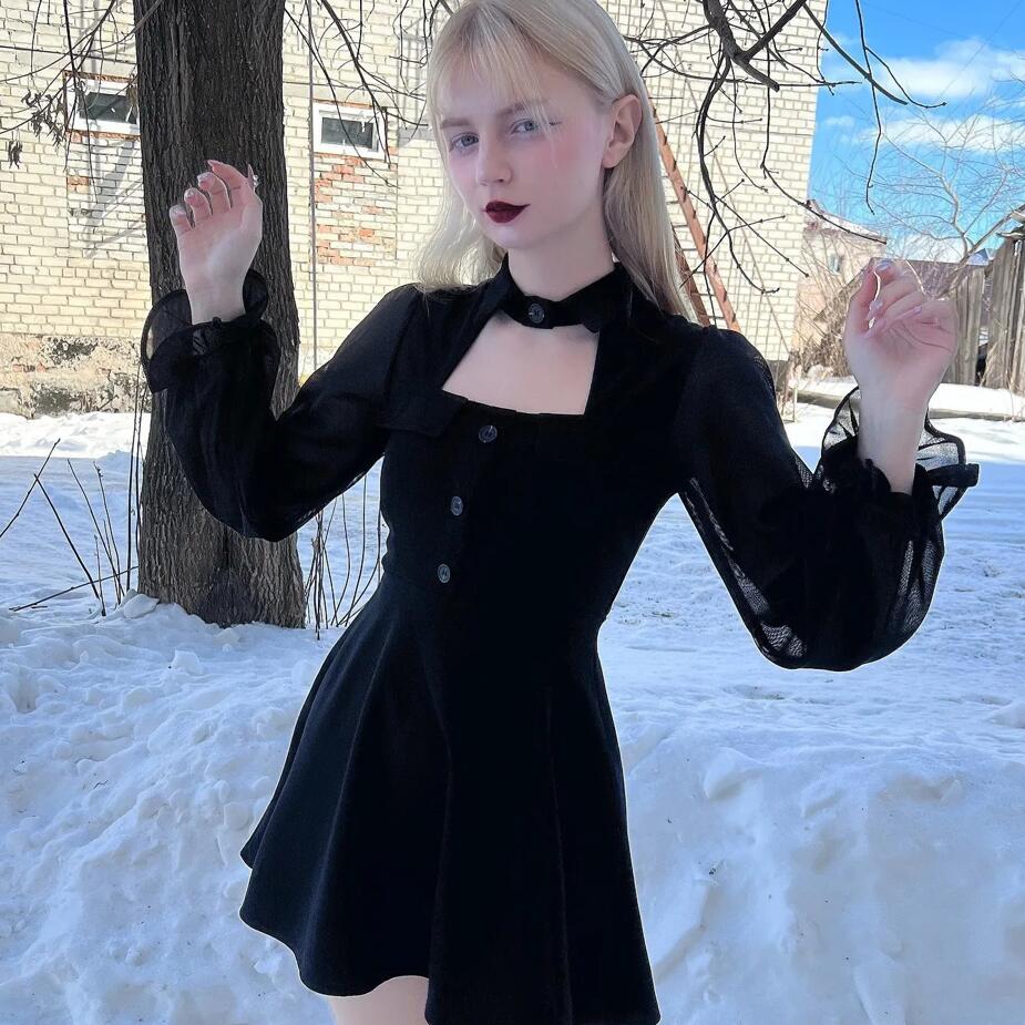Kobine Women's Grunge Stand Collar Chiffon Sleeved Black Little Dresses