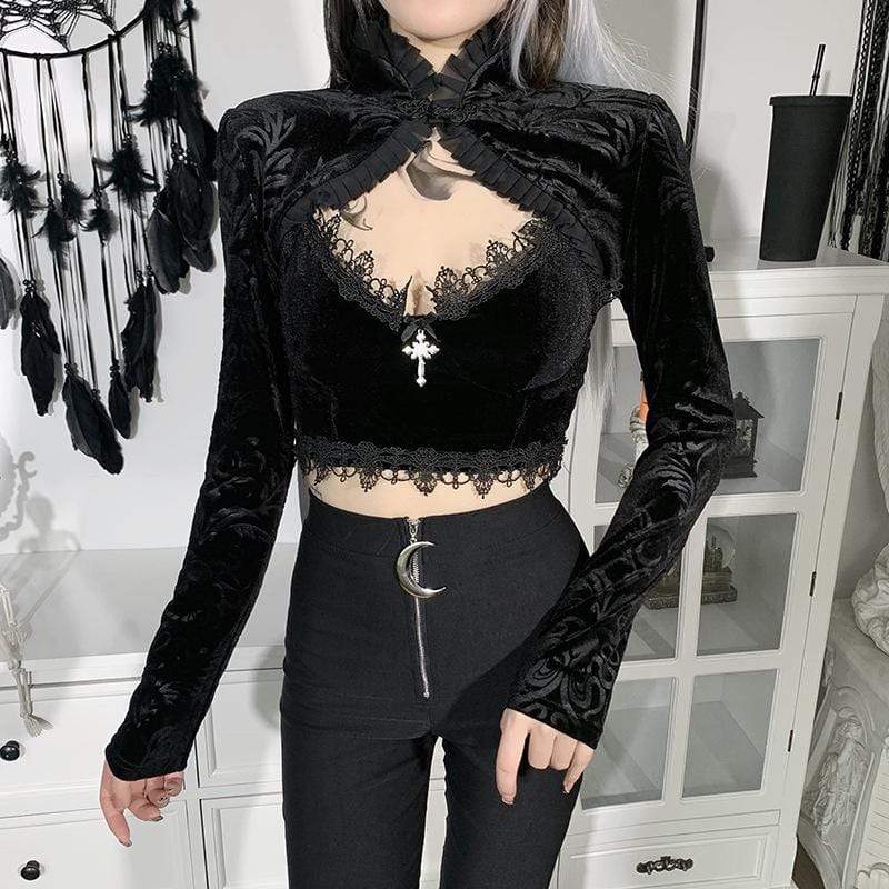 Women's Grunge Stand Collar Velet Black Crop Tops