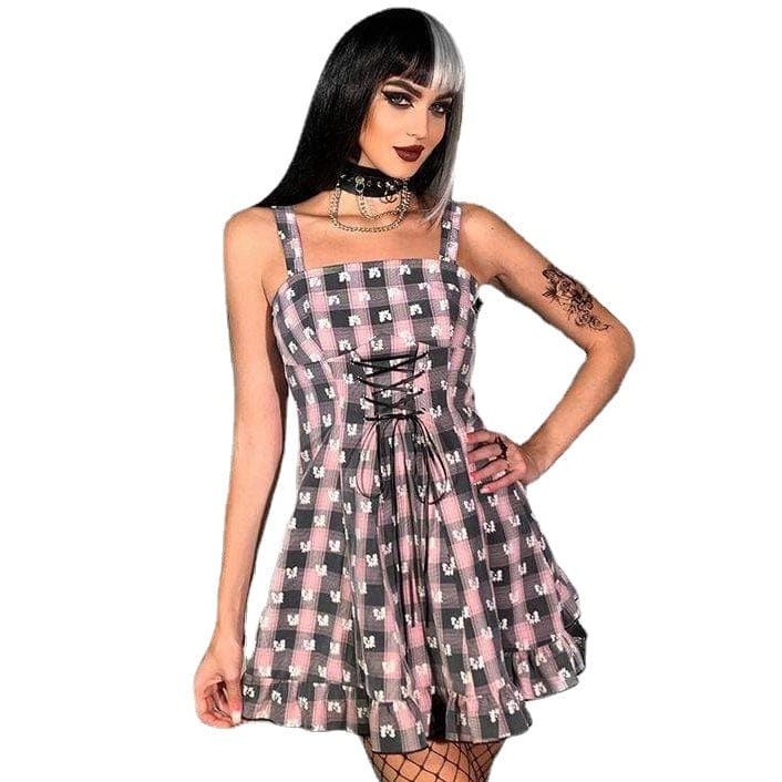 Kobine Women's Grunge Strappy Falbala Plaid Slip Dress