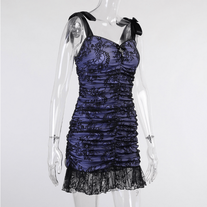 Kobine Women's Grunge Strappy Ruched Lace Hem Dress