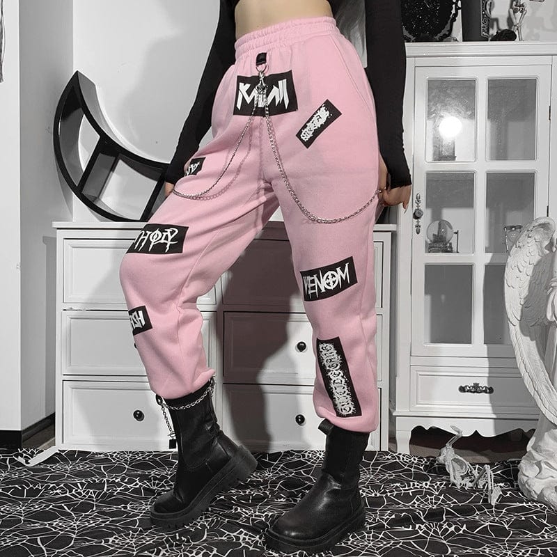 Pantalones jogger con cadena estampada con etiqueta para mujer - Diseño punk