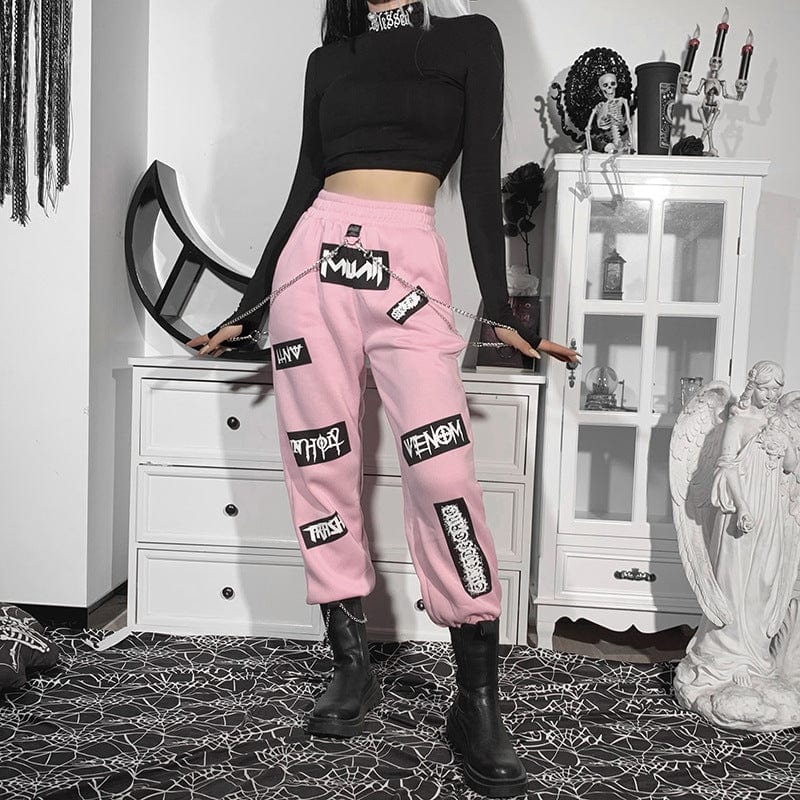Kobine Women's Grunge Tag Printed Chain Jogger Pants