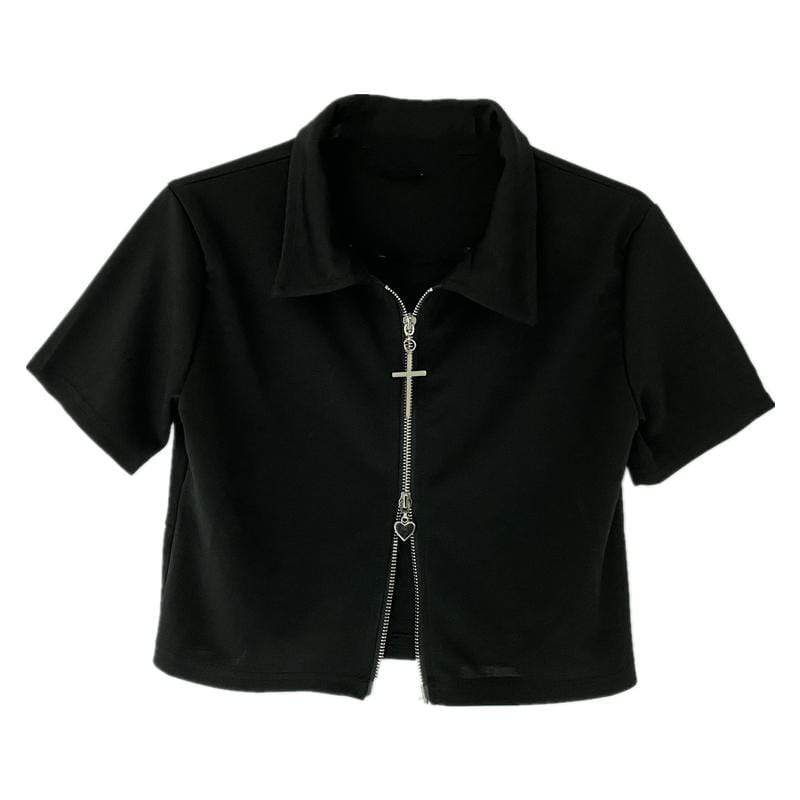 Women's Grunge Turn-down Collar Zipped Black Short Sleeved Shirt