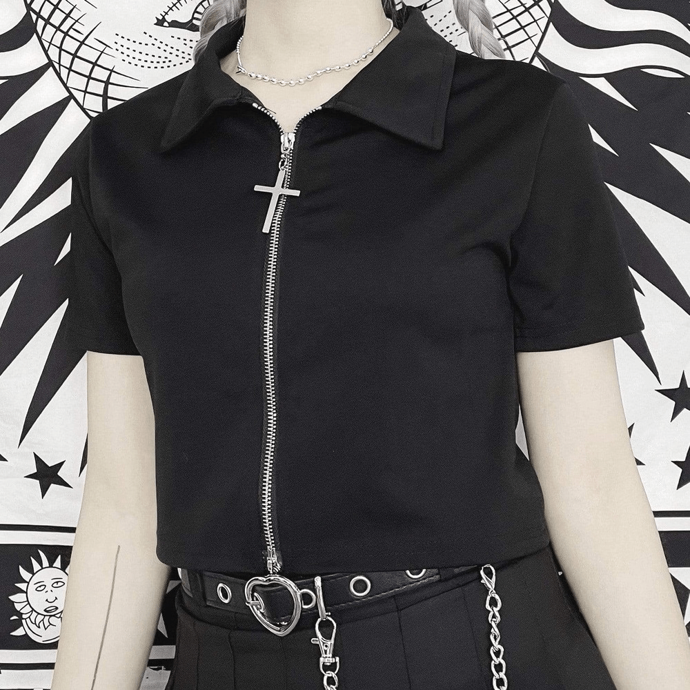 Kobine Women's Grunge Turn-down Collar Zipped Black Short Sleeved Shirt