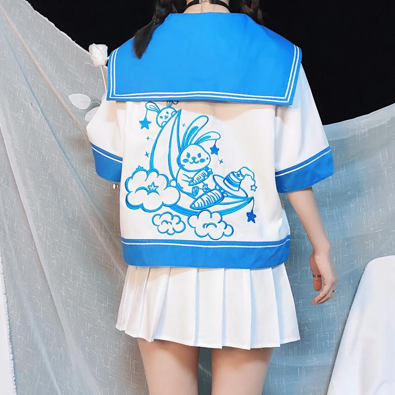 Women's Kawaii Cartoon Rabbit Moon Embroidered Sailor Tops