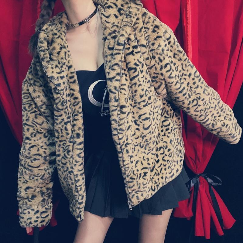 Women's Leopard Printed Zipper-fly Furry Jackets With Ears