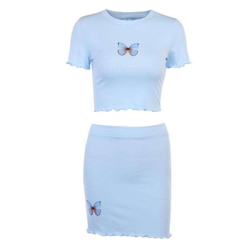 Women's Lolita Butterfly Printed T-shirts&Butt-hugging Skirts One Set