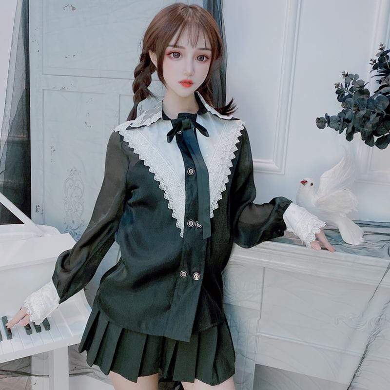 Women's Lolita Button-fly Lace Turn-down Collar Tops