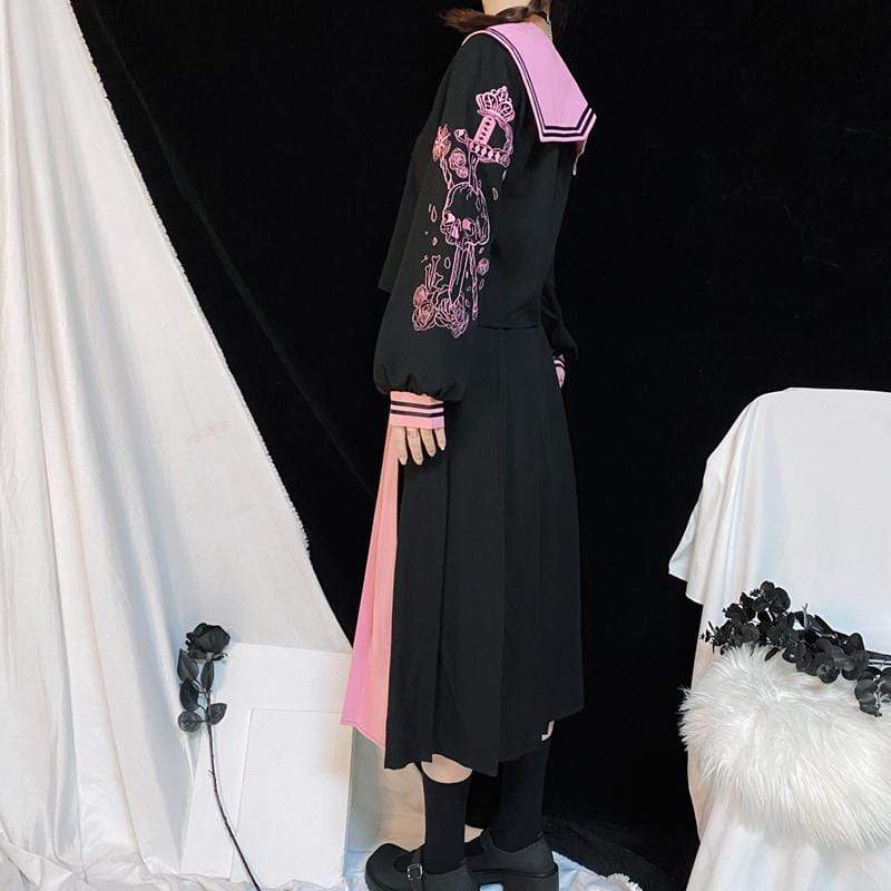 Women's Lolita Long Sleeved JK Uniform Skelenton Embroidered Tops&Skirts