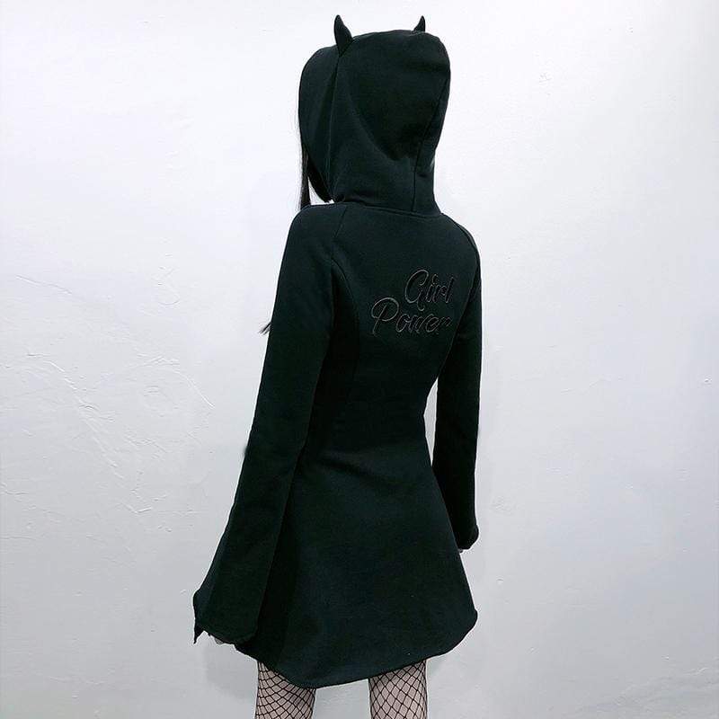 Women's Long Flare Sleeved Devil Hooded Dresses