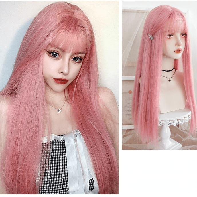 Kobine Women's Natural Straight Long Pink Synthetics Hair Wig