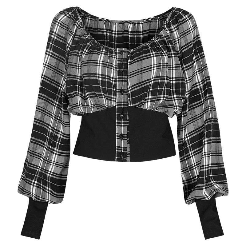 Women's Grunge Square Collar Puff Sleeved Plaid Tops