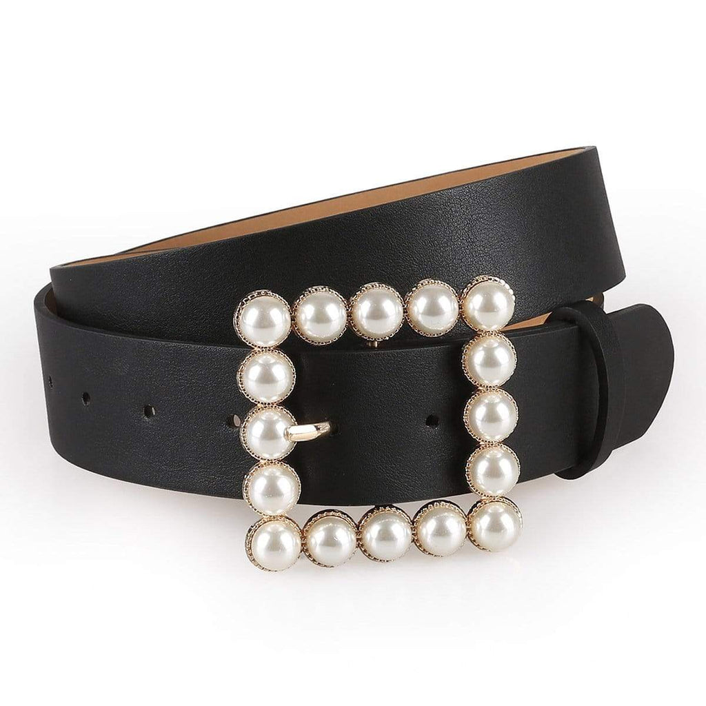 Women's Pearls Square Buckle Faux Leather Belts