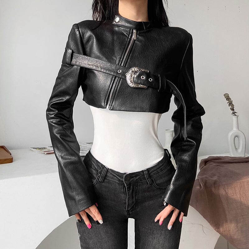 Kobine Women's Punk Buckle Faux Leather Short Jacket