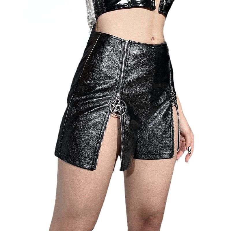 Kobine Women's Punk Double Zip High-waisted Faux Leather Shorts