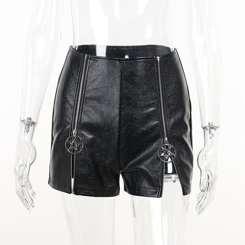 Kobine Women's Punk Double Zip High-waisted Faux Leather Shorts