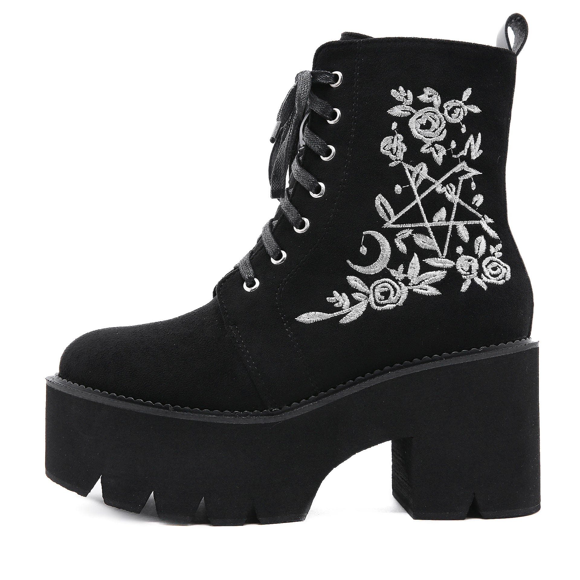 Kobine Damen-Plateaustiefel mit Punk-Blumenstickerei