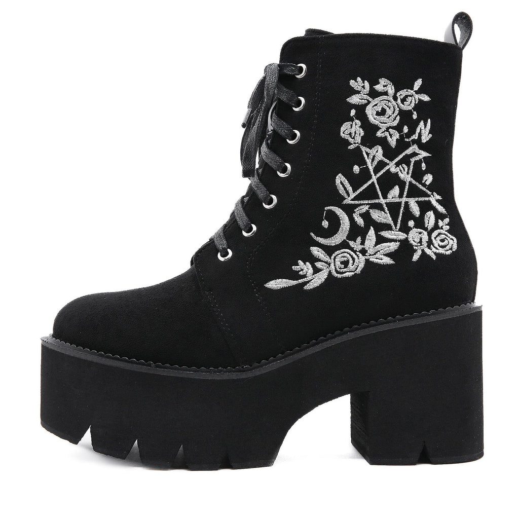 Kobine Women's Punk Floral Embroidered Platform Boots