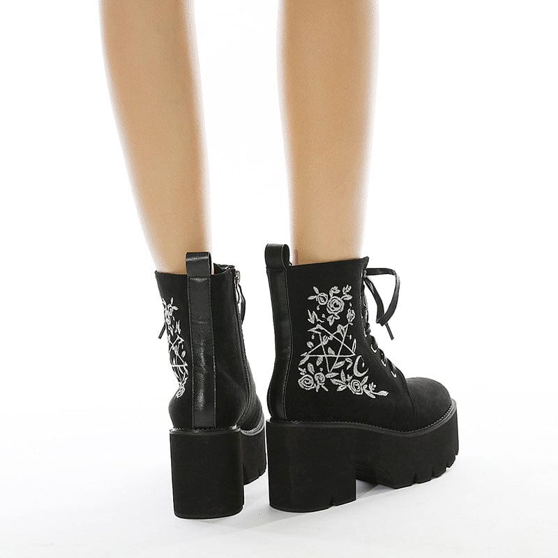 Kobine Damen-Plateaustiefel mit Punk-Blumenstickerei