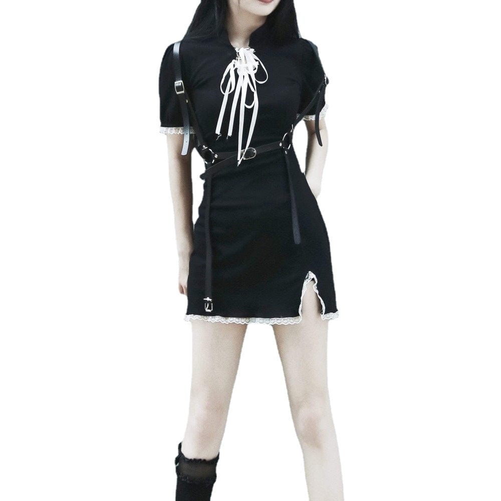 Kobine Women's Punk Grunge Side Slit Lace Hem Black Little Dress