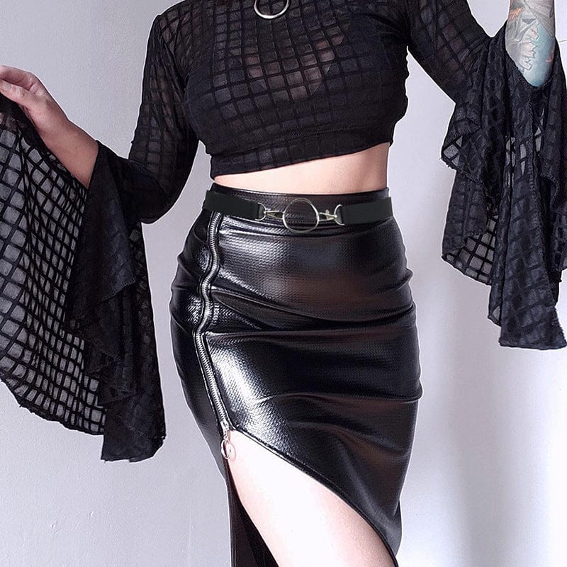 Kobine Women's Punk High-waisted Side Slit Faux Leather Wrap Skirt