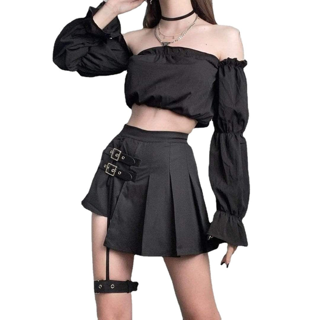 Kobine Women's Punk JK High-waisted Black Pleated Skirt with Leg Ring