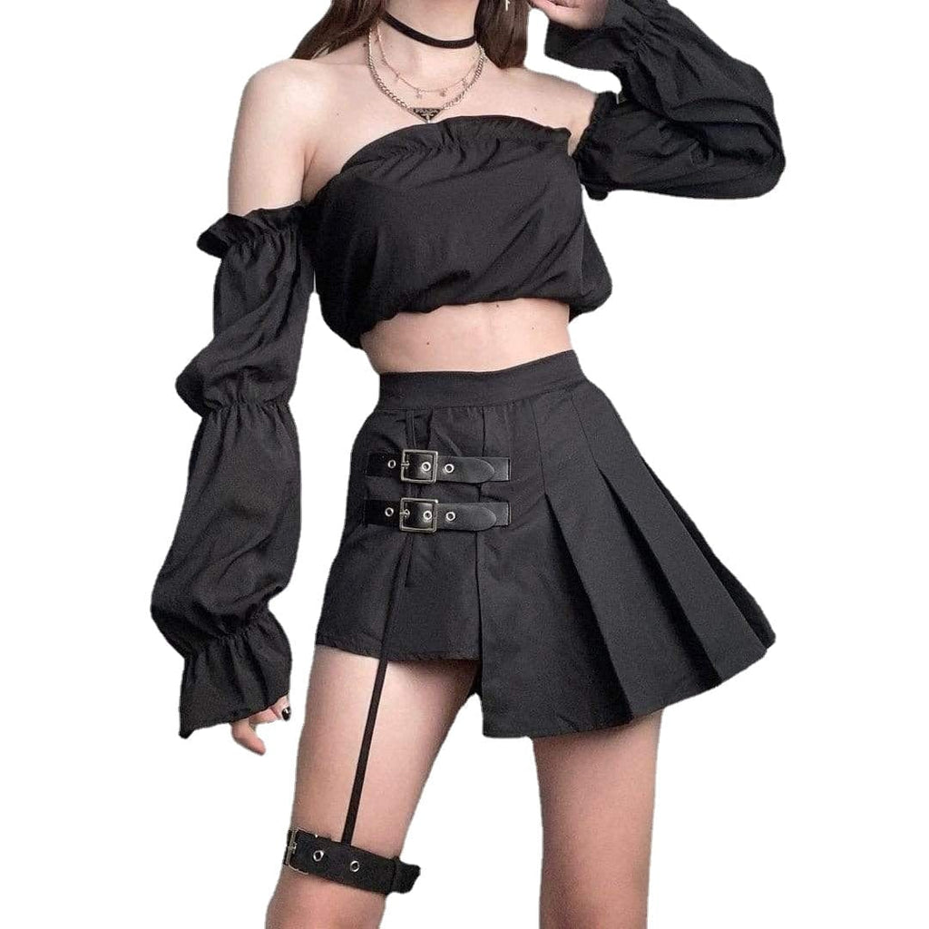 Kobine Women's Punk JK High-waisted Black Pleated Skirt with Leg Ring