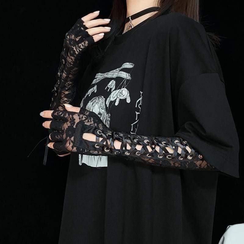 Women's Punk Lace Pattern Ribbon Drawstring Gloves