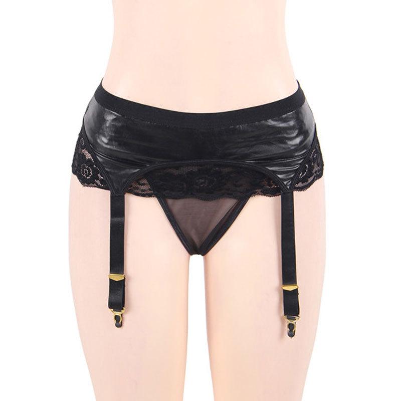Kobine Women's Punk Lace Splice Faux Leather Clasp Underwear