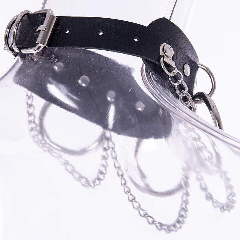 Women's Punk Metal Chains Faux Leather Wide Choker With Three Rings