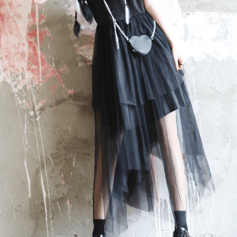 Women's Punk Multilayer Mesh Black Slip Dress with Love Heart Shoulder Bag
