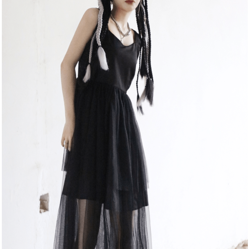 Women's Punk Multilayer Mesh Black Slip Dress with Love Heart Shoulder Bag