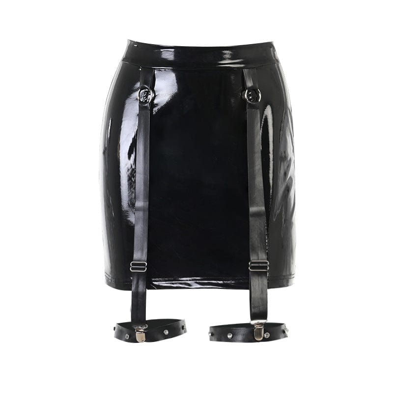 Kobine Women's Punk Patent Leather Skirt with Leg Loop