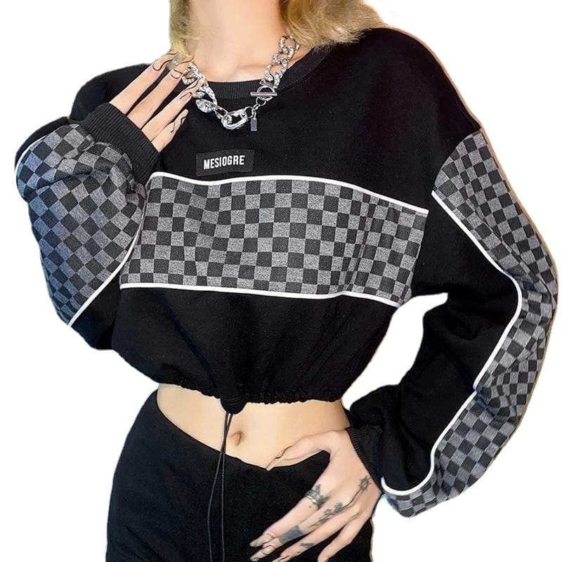 Kobine Women's Punk Plaid Splice Drawstring Sweatshirt