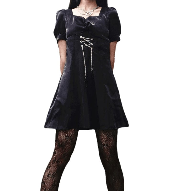Kobine Women's Punk Puff Sleeved Square Collar Black Little Dress with Cross Chain