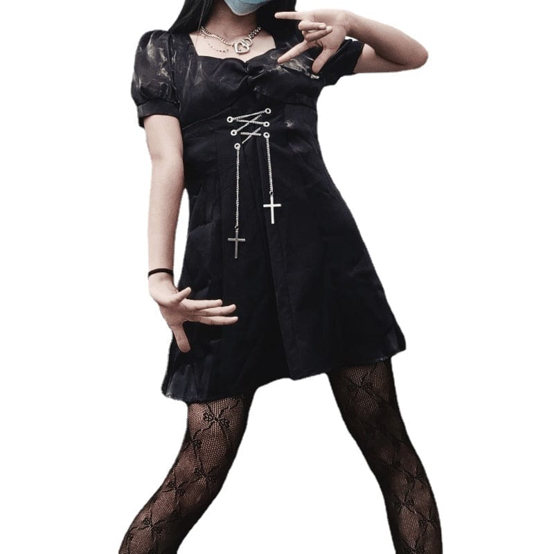 Kobine Women's Punk Puff Sleeved Square Collar Black Little Dress with Cross Chain