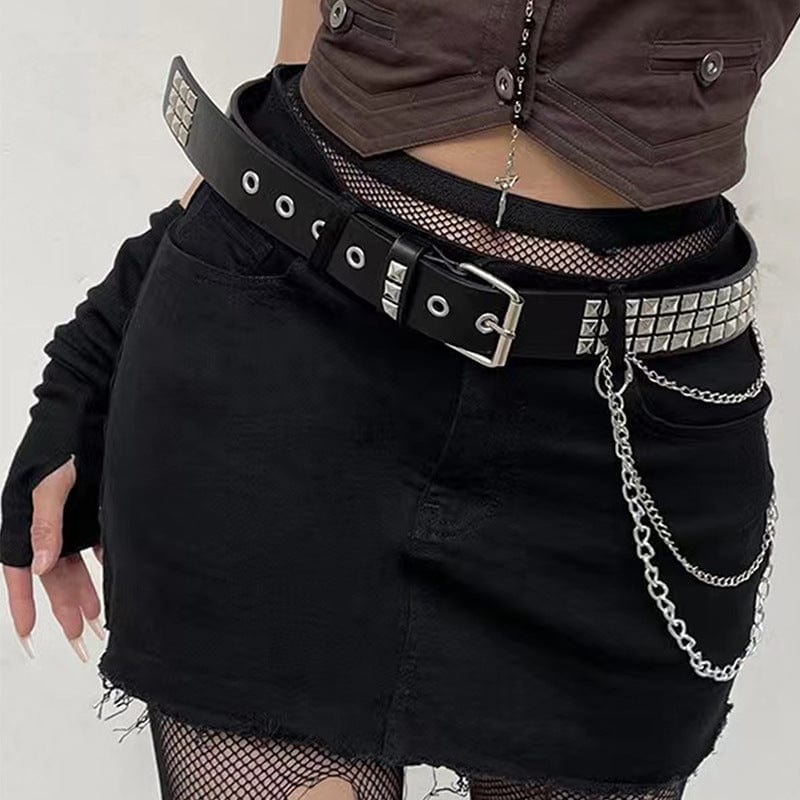 Kobine Women's Punk Rivets Faux Leather Belt with Metal Chain