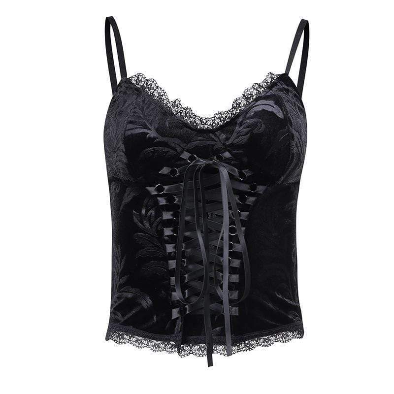 Tops cortos de velet florales con cordones punk rock para mujer con dobladillo de encaje