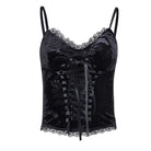 Women's Punk Rock Lace-up Floral Velet Crop Tops with Lace Hem
