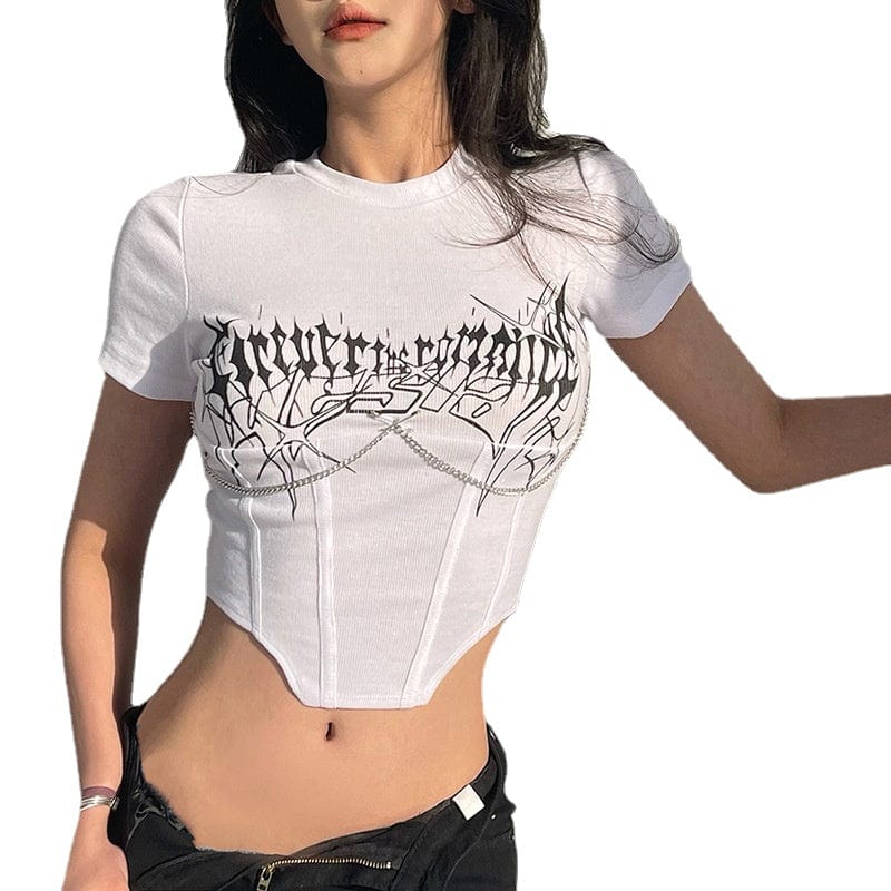 Kobine Women's Punk Rock Metal Chain Short Sleeved Crop Top