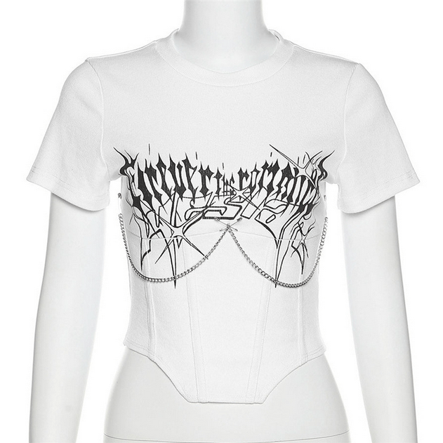Kobine Women's Punk Rock Metal Chain Short Sleeved Crop Top