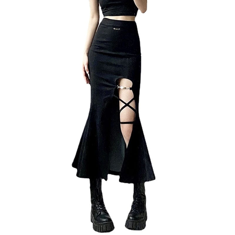 Kobine Women's Punk Side Slit Fishtail Skirt