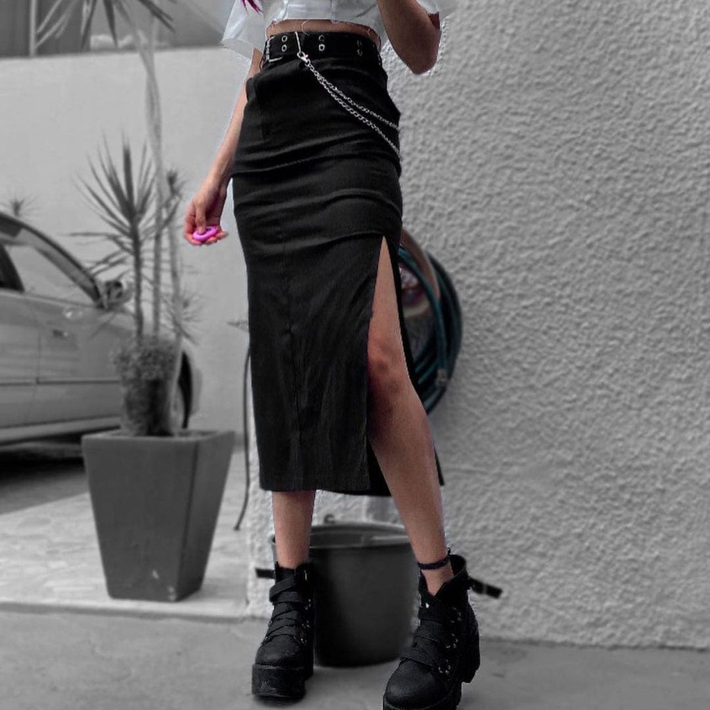 Kobine Women's Punk Side Slit Straight Skirt