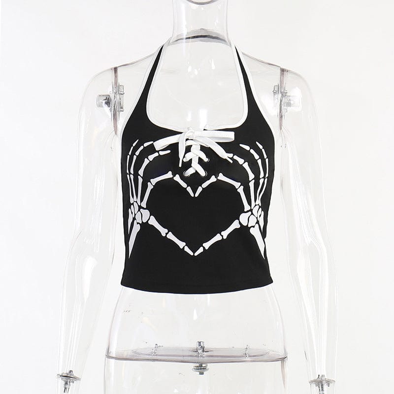 Kobine Women's Punk Skeleton Printed Halterneck Tank Top