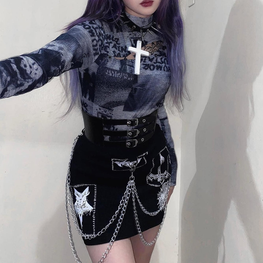 Kobine Women's Punk Skull Printed Zipper Skirt with Chain