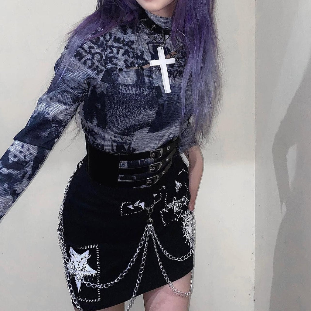 Kobine Women's Punk Skull Printed Zipper Skirt with Chain